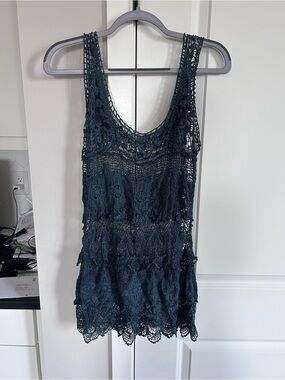 Solitaire by Ravi Khosla Deep Teal Crochet Lace Tunic Tank Top Boho Chic Layer